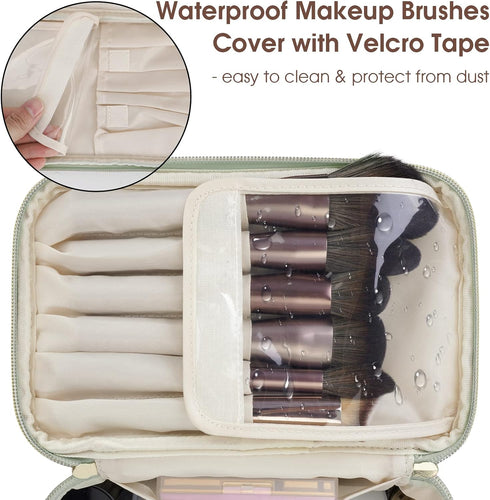 Women’s Large Green Travel Makeup Bag – PU Leather Cosmetic Case with Brush Compartment and Carry Handle