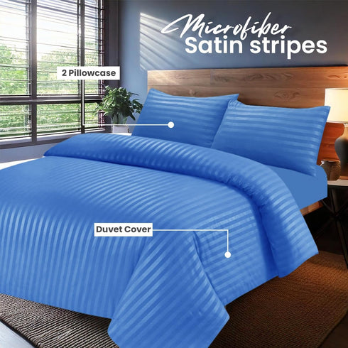 Bedding Set Brushed Microfiber Satin Stripes Easy Care Duvet Cover with Pillowcases - Mid Blue
