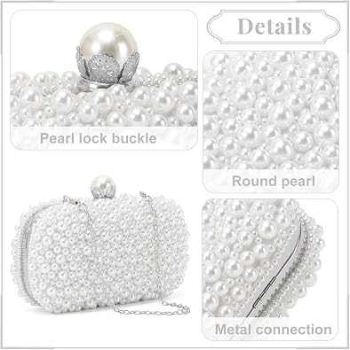 Women white Evening Bags with Pearls Clutch Bag for Wedding Party Bridal Prom