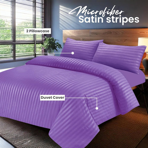 Bedding Set Brushed Microfiber Satin Stripes Easy Care Duvet Cover with Pillowcases - Purple