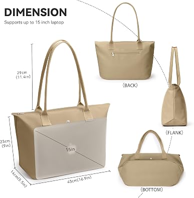 KALIDI Khaki Large Nylon Tote Bag for Women with Zip – Waterproof Lightweight Shoulder Handbag