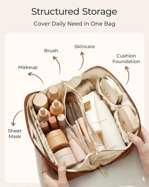 BAGSMART Large Travel Makeup Bag – Lay-Flat Cosmetic Case with Clear Brush Pocket