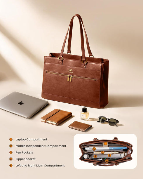 LOVEVOOK Women’s Brown Laptop Tote Bag – Vintage PU Leather Work Handbag