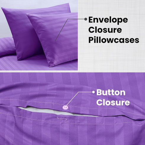 Bedding Set Brushed Microfiber Satin Stripes Easy Care Duvet Cover with Pillowcases - Purple