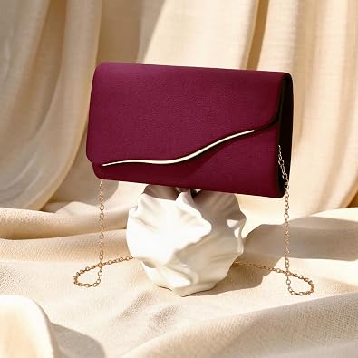 Women’s Burgundy Faux Suede Evening Clutch Bag with Detachable Gold Chain – Wedding and Party Purse