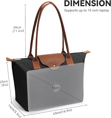 KALIDI Black Large Nylon Tote Bag for Women with Zip – Waterproof Lightweight Shoulder Handbag