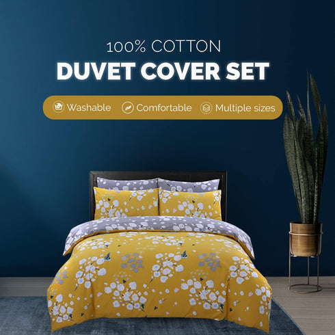100% Pure Cotton Printed Duvet Cover Set - Blossom Mustard