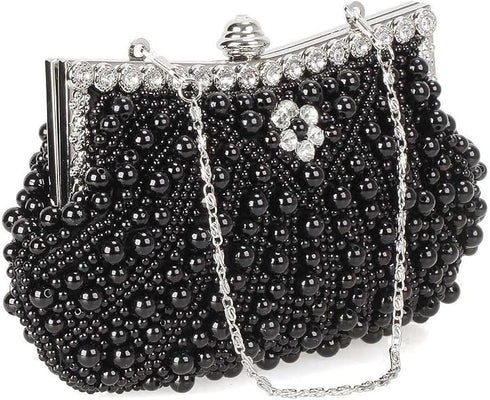 HONGCI Faux Black Pearl Rhinestone Clutch Bag – Women’s Bridal Wedding and Prom Evening Handbag