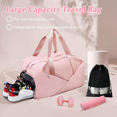 Pink GLGHMH Large Gym Bag with Shoe Compartment & Wet Pocket – Lightweight Sports Travel Holdall with 2 Shoe Bags