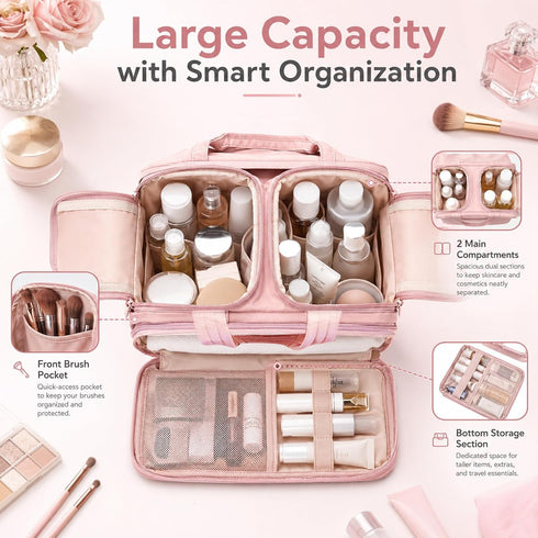 Pnrskter Large Pink Makeup & Toiletry Bag for Women – 4 Compartments with Wet and Dry Storage