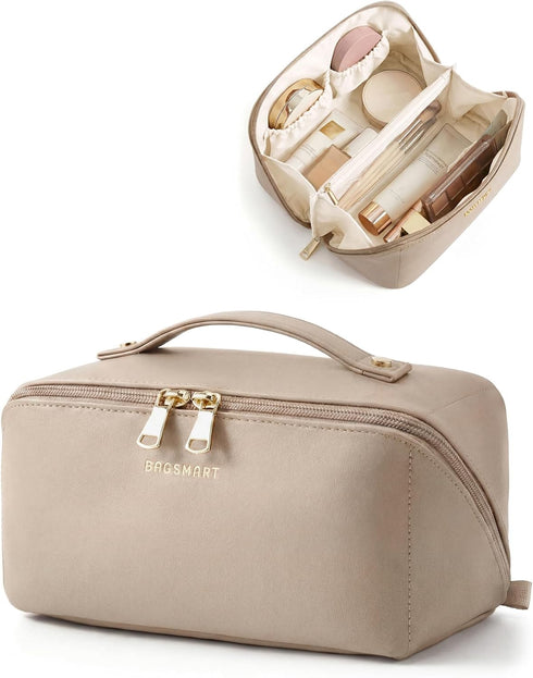 BAGSMART Large Travel Makeup Bag – Lay-Flat Cosmetic Case with Clear Brush Pocket