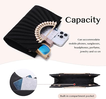 OPLERT Women’s Black Pleated Satin Evening Clutch Bag with Pearl Handle and Chain Strap