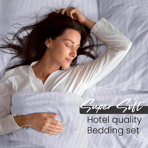 Bedding Set Brushed Microfiber Satin Stripes Easy Care Duvet Cover with Pillowcases - White