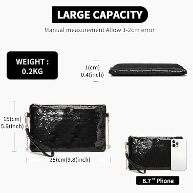 Miss Lulu Mini Crossbody Black Bag for Women Clutch Chain Shoulder Bag Evening Party Shining Sequins