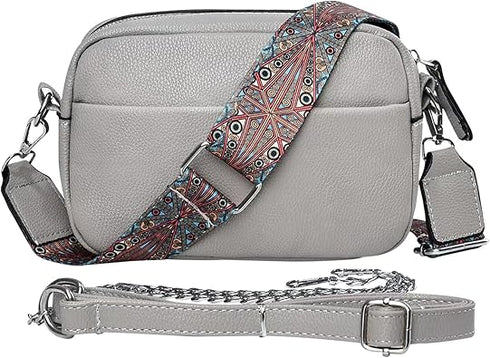 Women’s Grey Small PU Leather Crossbody Camera Bag with Two Straps