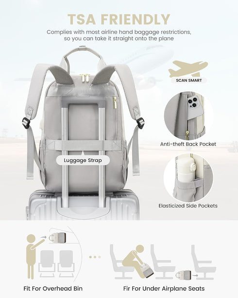 LOVEVOOK Women’s Light Grey 15.6-Inch Laptop Backpack – USB Port and Anti-Theft Pocket