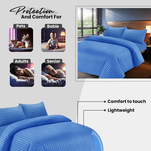 Bedding Set Brushed Microfiber Satin Stripes Easy Care Duvet Cover with Pillowcases - Mid Blue