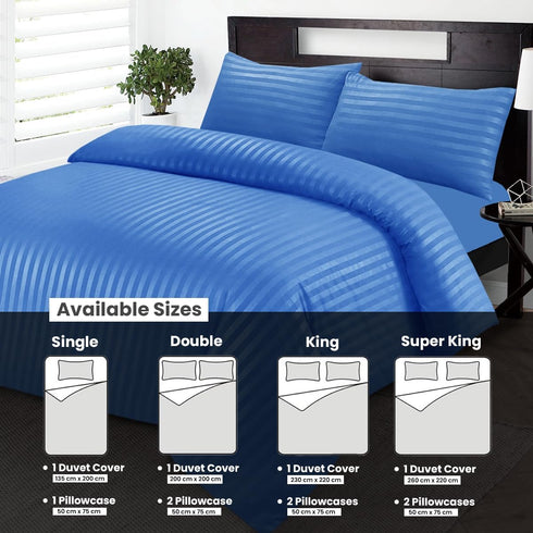 Bedding Set Brushed Microfiber Satin Stripes Easy Care Duvet Cover with Pillowcases - Mid Blue