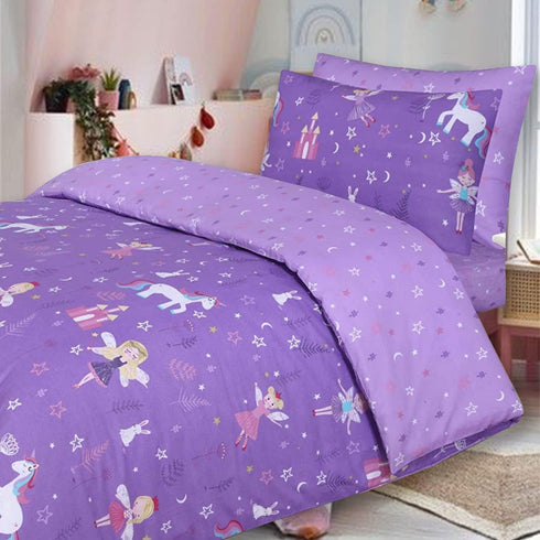 100% Cotton Kids Children's Bedding Set Reversible Duvet Cover with Pillowcase-Unicorn Purple