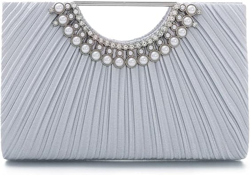 OPLERT Women’s Silver Pleated Satin Evening Clutch Bag with Pearl Handle and Chain Strap