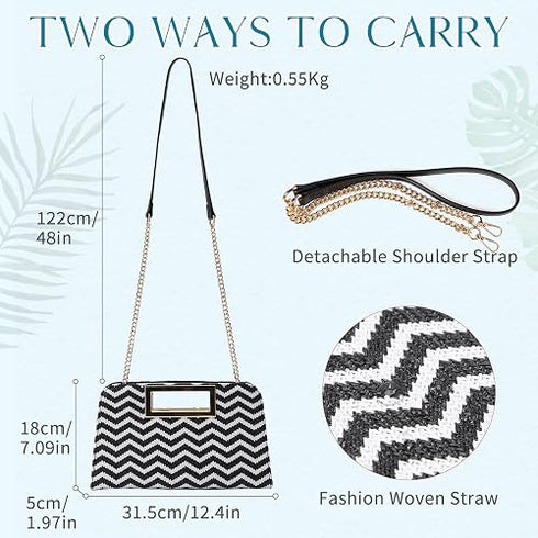 VASCHY Women’s Woven Straw Clutch Bag with Gold Cut-Out Handle and Removable Crossbody Strap