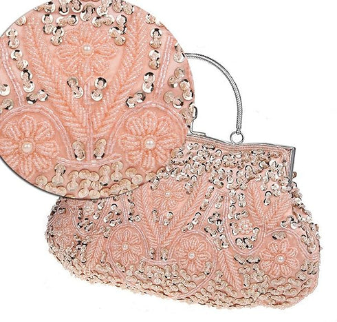 HONGCI Women’s Peach Rose Beaded Clutch Bag with Chain – Vintage Sequin Bridal and Evening Bag