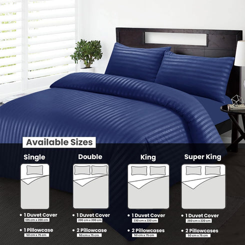 Bedding Set Brushed Microfiber Satin Stripes Easy Care Duvet Cover with Pillowcases - Navy Blue