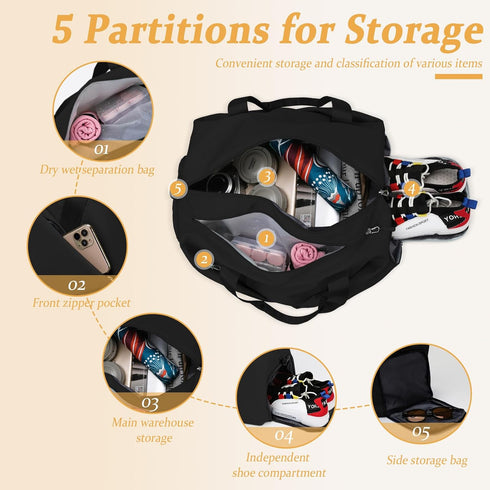 Black GLGHMH Large Gym Bag with Shoe Compartment & Wet Pocket – Lightweight Sports Travel Holdall with 2 Shoe Bags