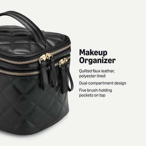 Essentials Women’s Quilted Makeup Bag with Brush Storage, Dual Compartments and Carry Handle