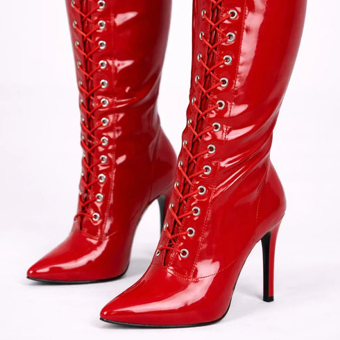 Women's Red Patent Thigh High Over The Knee Front Lace Up Stiletto Boots 11720