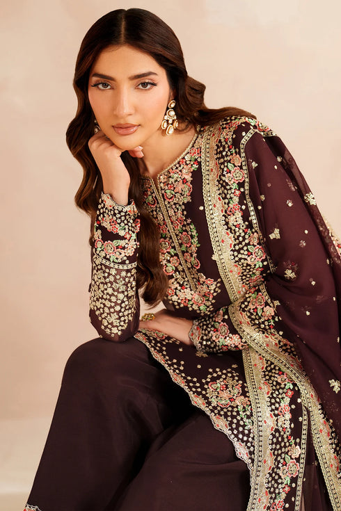 Farasha Embroidered Chiffon Suit Oak Charm