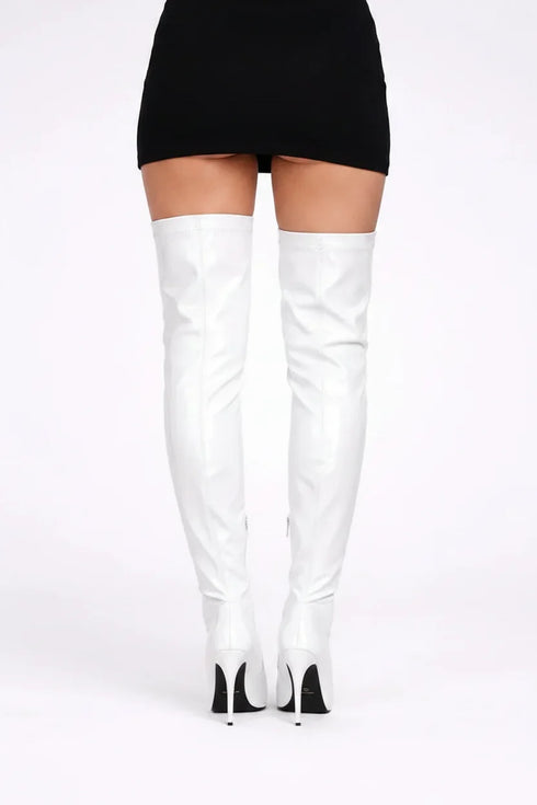 Women's White Thigh High Over The Knee Stiletto Boots Zip BS-12051