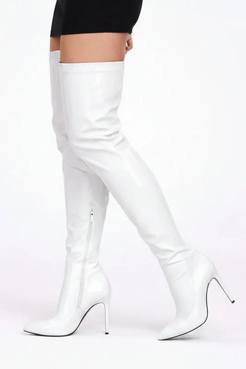 Women's White Thigh High Over The Knee Stiletto Boots Zip BS-12051