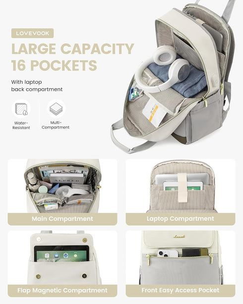 LOVEVOOK Women’s Light Grey 15.6-Inch Laptop Backpack – USB Port and Anti-Theft Pocket