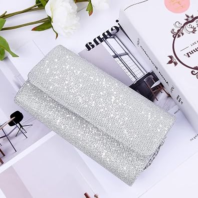 Women’s Silver Sequin Clutch Bag with Detachable Chain – Bridal Wedding, Prom and Evening Handbag