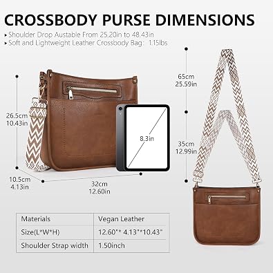 TANTOMI Women’s Brown Crossbody Bag with 7 Pockets, Adjustable Guitar Strap – Vegan Leather Hobo Shoulder Handbag