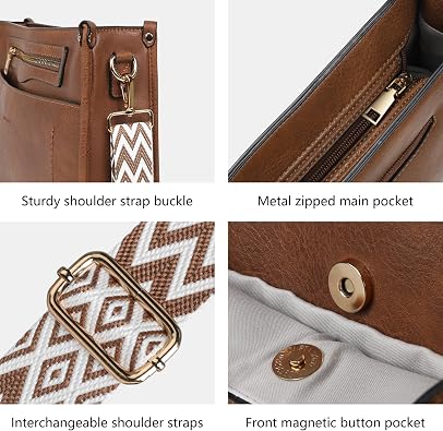 TANTOMI Women’s Brown Crossbody Bag with 7 Pockets, Adjustable Guitar Strap – Vegan Leather Hobo Shoulder Handbag