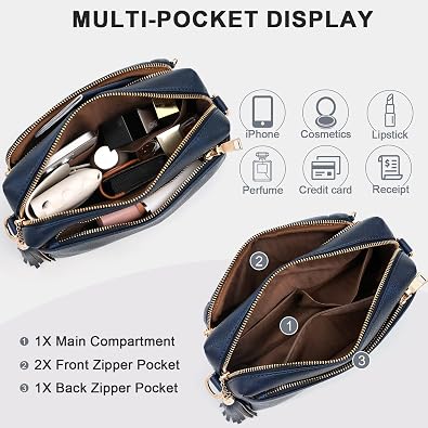 Women’s PU Leather Anti-Theft Crossbody Bag – 4 Zip Compartments and Wide Adjustable Strap