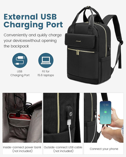 LOVEVOOK Women’s Black 15.6-Inch Laptop Backpack – USB Port and Anti-Theft Pocket