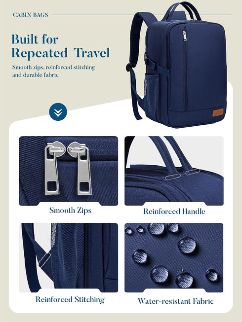 Blue Ryanair Cabin Bag 40x30x20 cm, Underseat Travel Backpack with Laptop Compartment, Wet Pocket and Bottle Holders