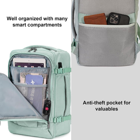 ECOHUB 20L Ryanair Cabin Light Green Backpack – 40 × 20 × 25 cm Beige Underseat Bag with USB Port