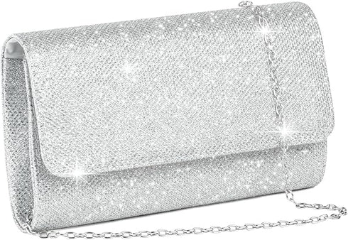 Women’s Silver Sequin Clutch Bag with Detachable Chain – Bridal Wedding, Prom and Evening Handbag
