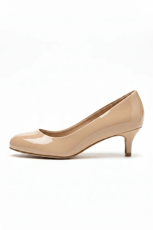 Women Round Toe Kitten Heel Shoes Nude Patent G-20