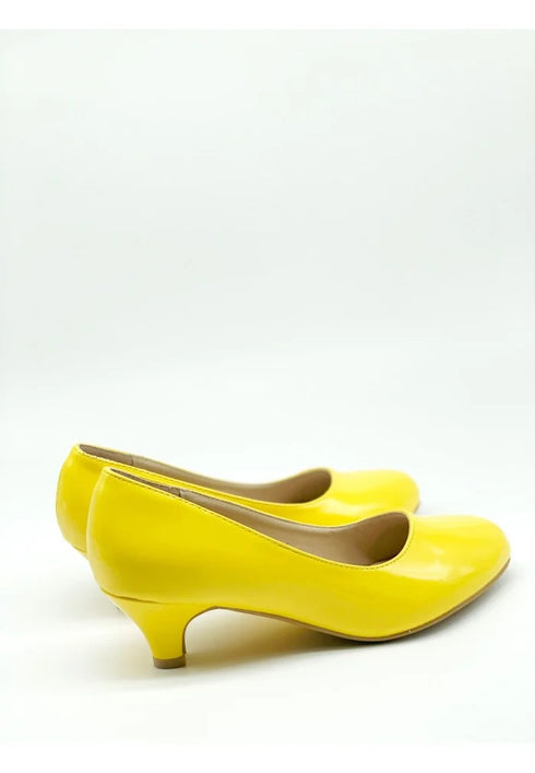 Women Round Toe Kitten Heel Shoes Yellow Patent G-20