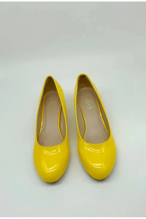 Women Round Toe Kitten Heel Shoes Yellow Patent G-20