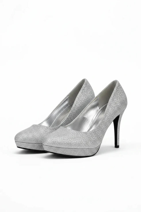 Silver Glitter Round Toe Diamante Stiletto High Heel Court Shoes – 014
