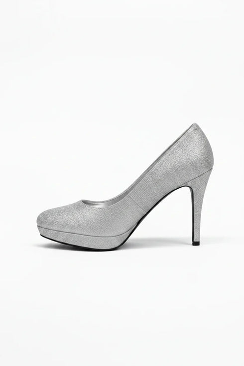 Silver Glitter Round Toe Diamante Stiletto High Heel Court Shoes – 014