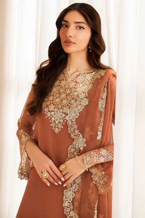 Farasha Embroidered Chiffon Suit Warm Saffron