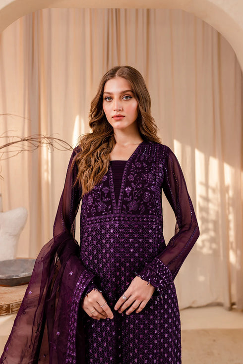 Farasha Embroidered Chiffon 3 piece suit Purple Dazzle