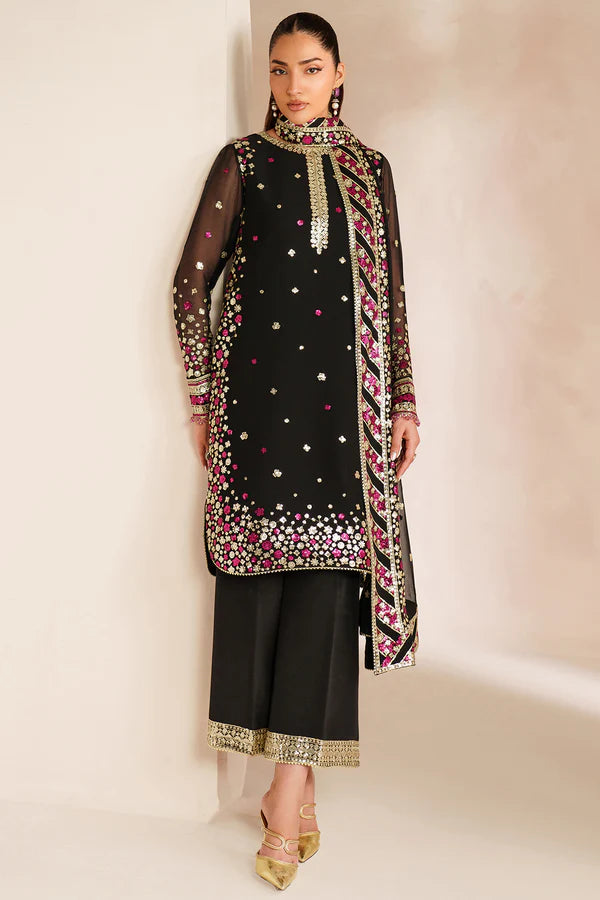 Farasha Embroidered Chiffon Suit Black Cascade